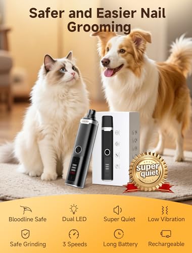 Dog Nail Grinder, Quiet Electric Dog Nail Trimmer with 2 LED Lights, 3-Speed Pet Nail Grinder for Dogs & Cats, Rechargeable 2000mAh Nail Grinder for Small Medium Large Dogs with Light, Black - color: Black