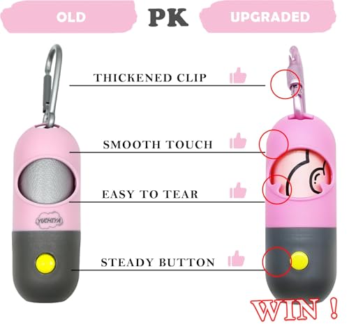 Dog Poop Bag Holder with LED Flashlight for Night Walks,Silicone Tether & Donut Pattern Clip for Used Bags, Hands-Free Metal Leash Carabiner, Includes 15 Scented Waste Bags(Pink) - color: Pink