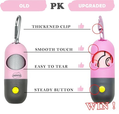 Dog Poop Bag Holder with LED Flashlight for Night Walks,Silicone Tether & Donut Pattern Clip for Used Bags, Hands-Free Metal Leash Carabiner, Includes 15 Scented Waste Bags(Pink) - color: Pink