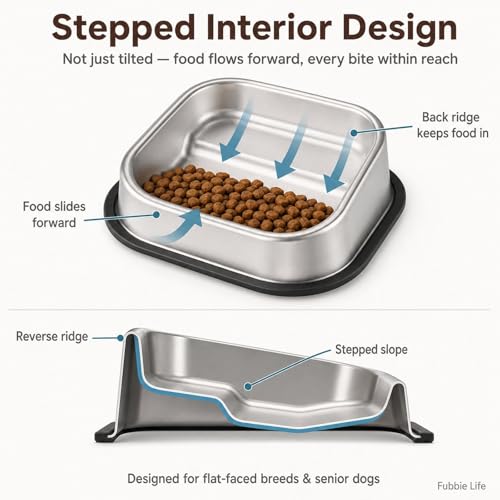 Slanted Dog Bowl for Flat-Faced Breeds - 304 Stainless Steel Tilted Food Bowl for French Bulldogs Pugs Shih Tzus Boston Terriers, Non-Slip Base, Dishwasher Safe, 18 oz