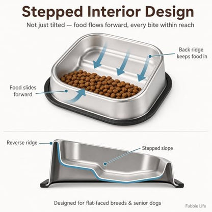 Slanted Dog Bowl for Flat-Faced Breeds - 304 Stainless Steel Tilted Food Bowl for French Bulldogs Pugs Shih Tzus Boston Terriers, Non-Slip Base, Dishwasher Safe, 18 oz