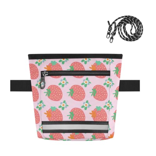 Strawberry Water-Resistant Dog Treat Pouch, 3 Ways to Wear Treat Bag with Magnetic Closure & Reflective Strip, Hands-Free for Pet Training, Walking