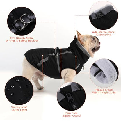 Mihachi Dog Snow Jacket Waterproof Dog Coat with Harness Built in,Thick Fleece Lined & Pockets,Turtleneck Warm Winter Jacket for Large Dogs Reflective Fleece Vest with Zipper,Snowsuit Outfit,Black L - color: Black, size: Large