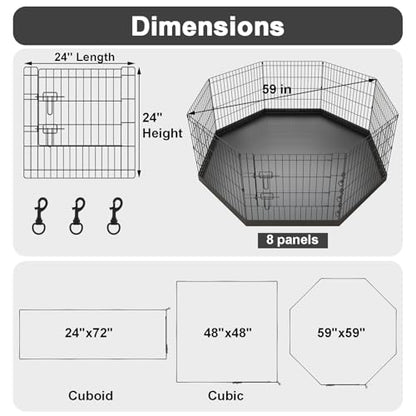 Artmeer Pet Playpen Puppy Playpen Kennels Dog Fence Exercise Pen Gate Fence Foldable Dog Crate 8 Panels 24 Inch for Pet Animals Outdoor Indoor with Bottom Pad (Black with Bottom pad) - style: Black 24''x24'' Bottom cover