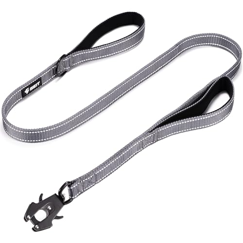 GEIT 4/5/6FT Heavy Duty Dog Leash with 2 Comfortable Padded Handles, Reflective Rope Leashes with Quick Release/Locking Tactical Frog Clip for Small Medium and Large Dogs, Grey - color: Grey, size: 4 FT