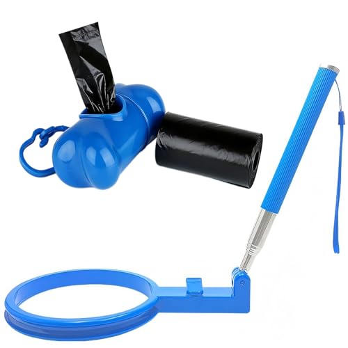 Dog Poop Scooper with Retractable 35.4 In Stainless Steel Handle, One-Click Bag Loading & Disposal, Includes Bone-Shaped Bag Dispenser & Poop Bags, Fits 9 In+ Opening Bags