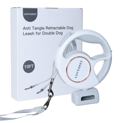 Retractable Two Dog Leash - Leash with LED Light, 360° Tangle-Free Swivel, Durable Stitching, One-Touch Lock, Ergonomic Grip - for Small to Medium (up to 33lb per Dog)