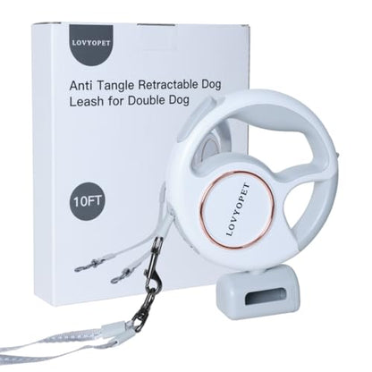 Retractable Two Dog Leash - Leash with LED Light, 360° Tangle-Free Swivel, Durable Stitching, One-Touch Lock, Ergonomic Grip - for Small to Medium (up to 33lb per Dog)