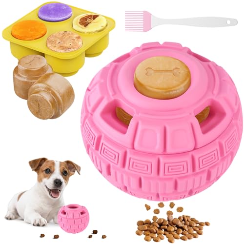 Interactive Dog Frozen Treat Toys, Dog Puzzle Enrichment Ball to Keep Them Busy, Slow Food Training, Durable Rubber Chew Dispensing Toy, Freezable Fillable Ball, for Small Medium Large Dogs (Pink) - color: Pink