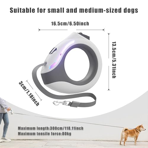 Retractable Dog Leash with Flashlight, Rechargeable 118in Round Handle with Lock, Ergonomic Breathing Light, for Small and Medium Dogs, Dog Leashes for Medium Dogs
