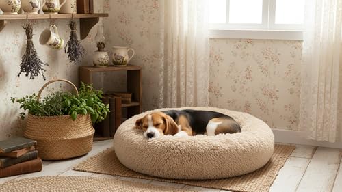 The Dog’s Bed Calming Donut Dog Bed, Plush Faux Fur Round Cuddler Nest – CertiPUR-Certified Foam, One-Piece Design, Raised Bolster – Medium (30"), Beige
