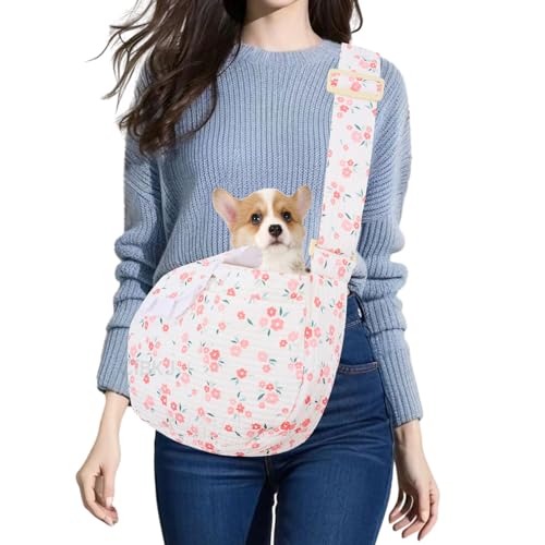 Dog Slings for Small Dogs,Small Dog Carrier Sling,Adjustable Strap Hand Free Dog Carrier Cat Sling for Outdoor Traveling Subway (Red Flower)