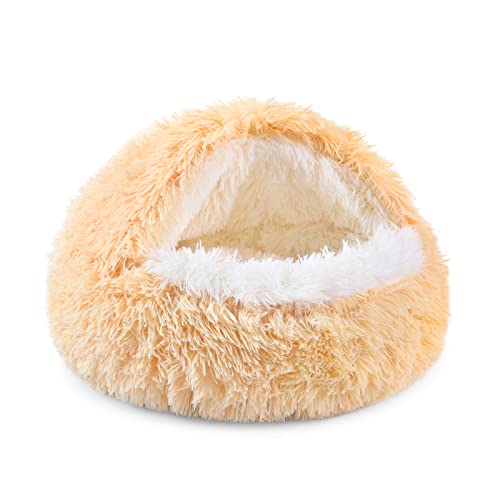 NOYAL Dog Bed Round Hooded Plush Cat Cave Donut Anti Anxiety Fluffy Dog Bed for Small Medium Dog and Cat - color: Golden, size: X-Small 15.7''