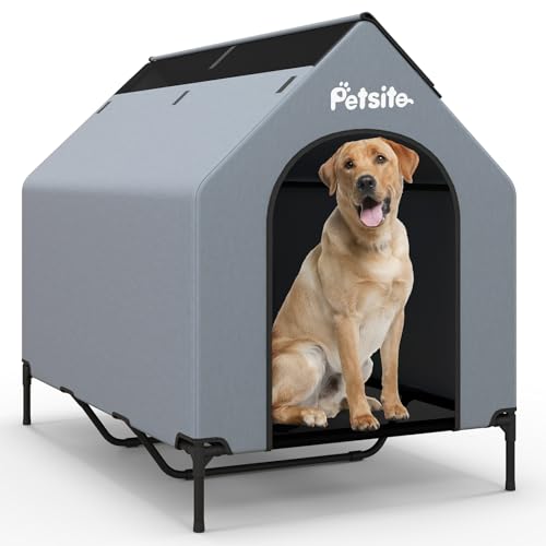 PETSITE 52 inch Dog House, Elevated Dog House Outdoor with Ventilated Windows, Removable Weatherproof 600D Oxford Canopy and Raised Mesh Dog Bed, Dog Tent, X-Large, 52 x 33 x 45 inch
