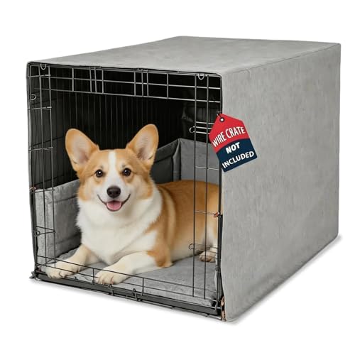Calming 3-Piece Dog Crate Cover Set with Mat & Bumper Pad - Waterproof, Furniture Style Kennel Cover for 30-Inch Cages, Chew Resistant & Machine Washable, Gray - size: 30-Inch