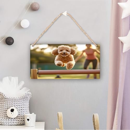 Poodle Dog Jumping Agility Hurdle with Owner in Sunset Light Sign, Rustic Wood Plaque Decor, Farmhouse Wooden Wall Art for Living Room, Bedroom, Entryway, Hanging Home Decor, 12x6 Inch