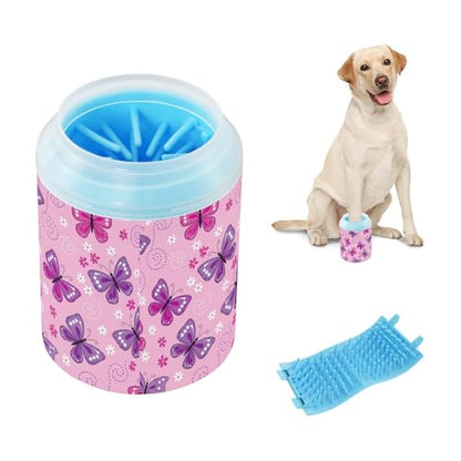 Spring Butterflies Flowers Pink Pattern Dog Paw Cleaner Cup with Soft Silicone Brush, Lightweight Small Portable Muddy Paw Washer for Dogs, Easy to Use Pet Foot Cleaner