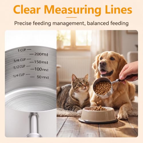 Ondware Dog Cat Food Scoop Measuring Cup, 1 Cup 304 Stainless Steel Pet Food Scoop with Precision Scale Measurements, Wooden Handle, Portion Control for Pets, Dishwasher Safe