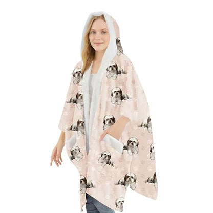 E&S Pets Sherpa Wearable Blanket Hoodie for Women – Soft Fleece Snuggs Wrap – 32 Dog & Cat Breeds – Warm Pet Lover Gifts - color: Shih Tzu Tan