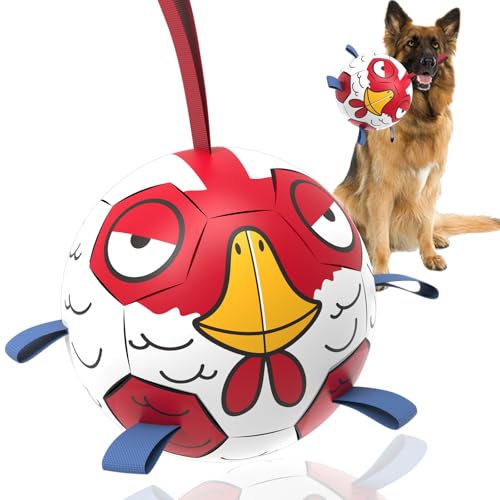 QDAN Chicken Dog Toys Soccer Ball with Straps, Interactive Dog Toys for Tug of War, Puppy Birthday Gifts, Tug Toy, Dogs Water Toy, Durable Dogs Balls for Dog（8 Inch） - color: Red, size: 8 Inch