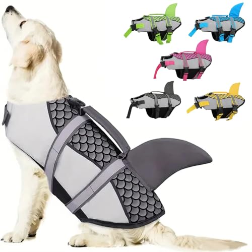 Dog Life Jacket Shark, Ripstop Dog Life Vest for Swimming Boating with High Flotation Ripstop Dog Lifesaver with Rescue Handle Pet Life Preserver for Small Medium Large Dogs,Gray,M - color: Gray, size: M