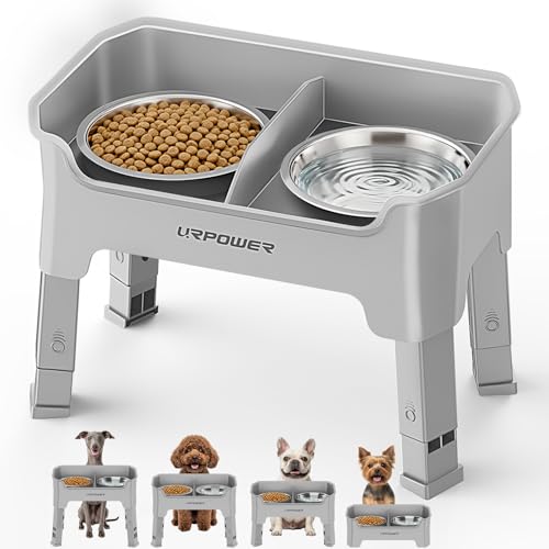 URPOWER Mess Proof Elevated Dog Bowls 4 Height Adjustable Raised Bowl Stand with 2 Stainless Steel Dog Bowls Non-Slip Food and Water Bowl Set for Small Dogs, Light Grey - color: Light Grey, size: Small