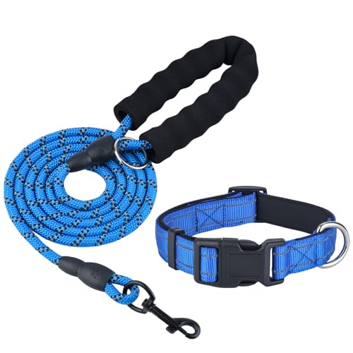 Dog Leash and Collar Set – 6 FT Strong Rope Leash with Padded Handle & Adjustable Nylon Collar Reflective for Small Medium Large Dogs (Blue, S) - color: Blue, size: S