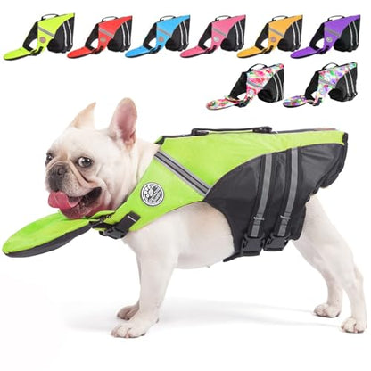 Dog Life Jacket, French Bulldog Life Vest for Swimming Boating, Dog Swim Vest with Chin Float and Rescue Handle, High Flotation Puppy Life Jackets (Chest Girth: 17" to 30", Weight: 17" to 28" LB) - color: Fluorescent green