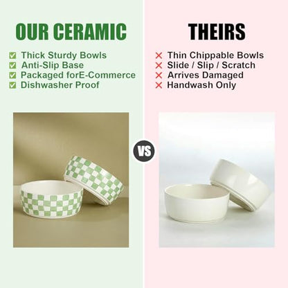 6.4 inch Ceramic Hand Painted Basic Dog Bowl Set of 2 with Anti-Skid Rubber Base, Food and Water Bowls for Small Pets Green - color: Green