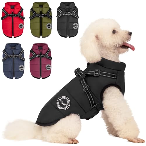 Warm Dog Winter Coat, Windproof Dog Cold Weather Jacket, Reflective & Adjustable Black Pet Vest with Harness, Thick Polar Fleece Lining Cozy Apparel for Small Medium Cats - color: Black, size: Medium