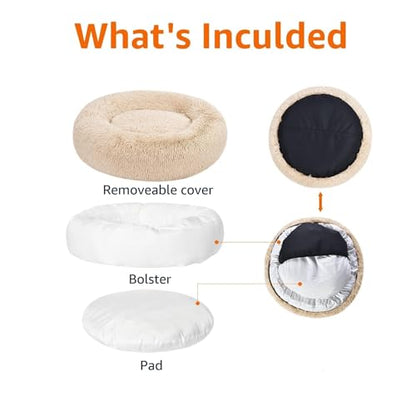 Amazon Basics Washable Donut Pet Bolster Faux Fur Bed with Removable Cover, Anti-Slip Bottom for Dog, Beige, 23" x 23" - color: Beige, size: 23" x 23"