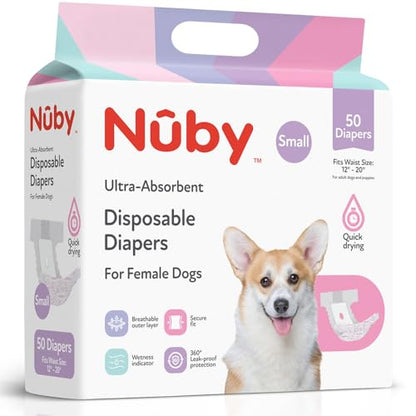 Nuby Pets Disposable Female Dog Diapers with Wetness Indicator, Leak-Resistant & Absorbent for Dogs in Heat, Training & Incontinence, Small (12"- 20" Waist), 50 Count - size: S (Waist 12-20 in)