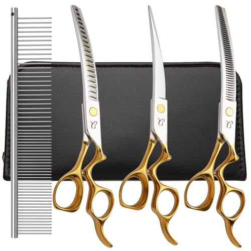 Dog Grooming Scissors,Curved Chunkers Shears Deg Grooming with Safety Round Tips, Sharp and Comfortable 4 in 1 Dog Scissers for Grooming