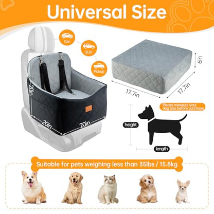 Dog Car Seats for Small/Medium Dogs, FurFrolic Memory Foam Dog Booster Seat for Small Dogs up to 35 lbs, Travel Pet Car Seat with Washable Detachable Cover, Storage Pockets, 2 Safety Belts, Black Gray