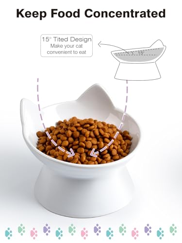 ABRUTY Cat Food Bowl, 5 OZ Ceramic Elevated Kitten Water Bowl, 15° Tilted Raised Pet Feeder, Anti Vomiting and Whisker Friendly Dishes for Fat Faced, Cat, Kitten, Small Dog - color: White Cat, size: 2 Pack