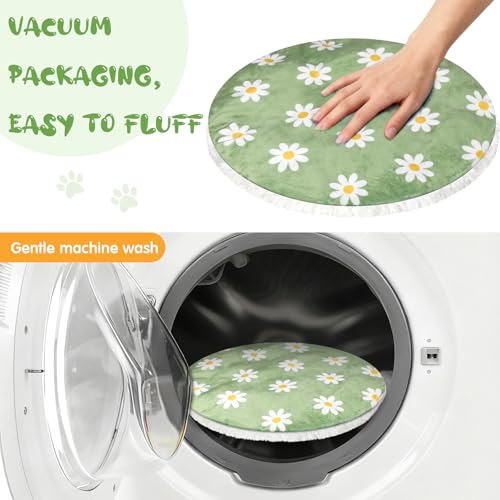 Kathfly 4 Pack 20"x20" Washable Pet Mats Crate Liner Pads with Daisy Design, Round Dog Cat Crate Pads, Soft Coral Fleece Liner for Small Pets, Ideal for Crates, Sofas, and Travel