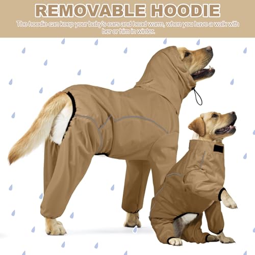 Dog Raincoat, Waterproof Dog Rain Jacket with Removable Hood，Adjustable 4 Legs Pet Poncho with Leash Hole，Reflective Stripe Hooded Snowproof Windproof Clothes for Small to 3X-Large Dogs, L - color: KhakiGreen, size: L