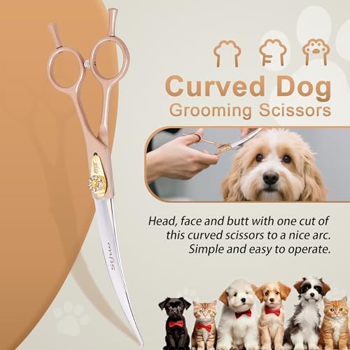 Professional Dog Grooming Scissors Rose Gold 440C Stainless Steel Straight Thinning Curved Chunker Shears for Pet Grooming Services Dogs and Cats (Combo, 7‘’) - size: 7‘’, style: Combo