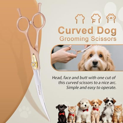 Professional Dog Grooming Scissors Rose Gold 440C Stainless Steel Straight Thinning Curved Chunker Shears for Pet Grooming Services Dogs and Cats (Combo, 7‘’) - size: 7‘’, style: Combo