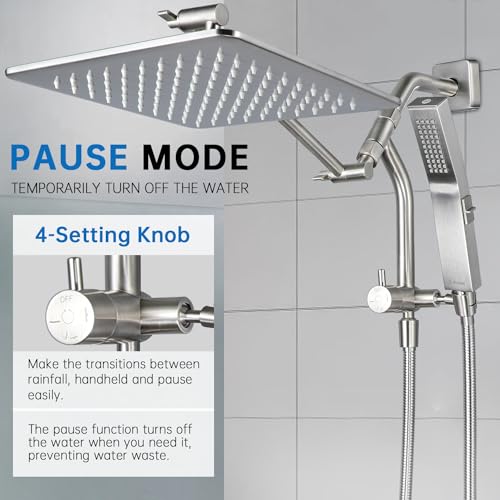 G-Promise All Metal 12 Inch Rain Shower Head with Power Wash Mode Handheld Spray Combo, Pause Setting 3-way Diverter, Full Body Coverage Waterfall Showerhead, Luxury Bathroom Upgrade (Brushed Nickel) - color: Brushed Nickel, size: 12 Inches