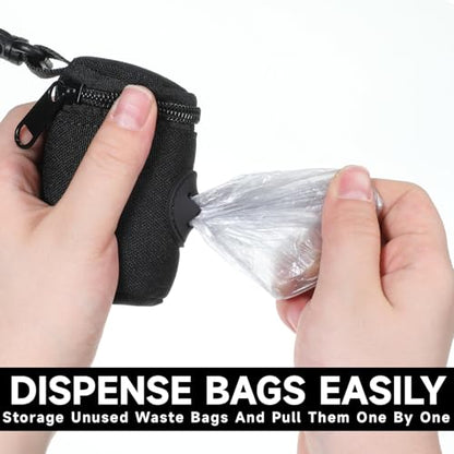 Dog Poop Bag Holder for Leash, Durable Fabric Poop Bag Dispenser with Zipper, Soft Pet Waste Bags Pouch, Small Doggy Puppy Walking Accessories Attachment for Leash (Black)