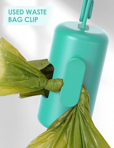 Gobeigo Dog Poop Bag Holder【Convenient Hook for Used Bags】【Silicone Strap Fits Any Leash】【Large Opening for Easy Dispensing】with 1 Roll Waste Bags (Turquoise) - color: Turquoise