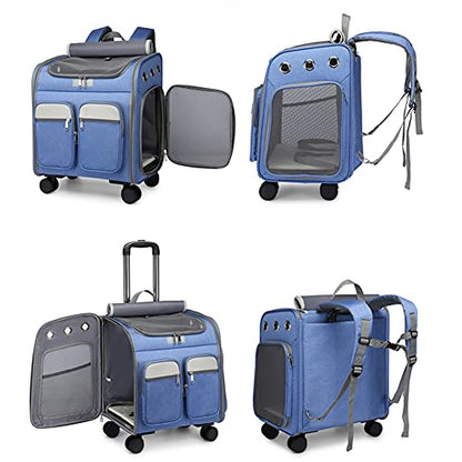 Wheeled Pet Carrier Backpack Pet Stroller, Travel Carrier, Car Seat for Small Dogs Cats Puppies, Comfort Cat Backpack Removable Rolling Wheels – Mesh Ventilation Windows (Large Blue) - color: Large Blue