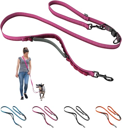 Cross Body Dog Leash - Waist or Shoulder Leash for Walking and Hiking with Medium and Large Dogs, Adjustable 4 to 6 FT Outdoor Bungee Lead with Traffic Handle by Nuvuq (18-120 lbs, Pink) - color: Raspberry Pink