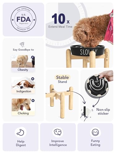 LE TAUCI PET Ceramic Slow Feeder Dog Bowls Elevated, 0.6 Cups Raised Dog Bowl with Wooden Stand for Small Breed to Slow Down Eating, Puzzle Food Bowl,Black - color: Black+Stand, size: S-0.6 Cups