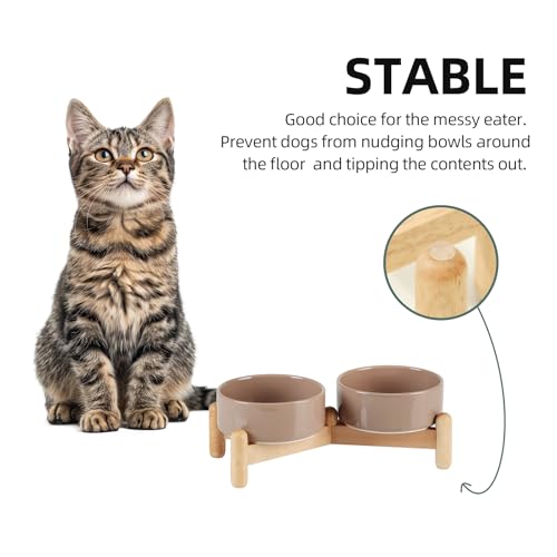Havniva 5.1inch Ceramic Raised Dog Bowl with Stand, Double Dog Bowls Elevated for Small Breed Dog Food and Water Bowl Set Non-Slip Dog Dish Large Capacity Feeding Pet Water Bowl - color: 2 Bowls+Stand - Brown Coffee, size: 5.1inch