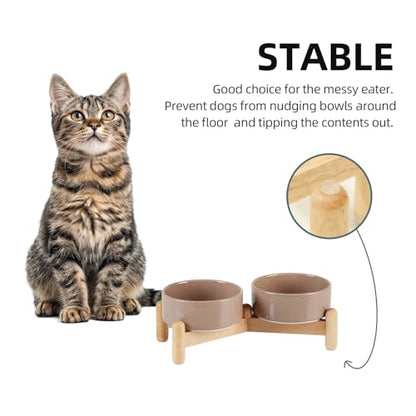 Havniva 5.1inch Ceramic Raised Dog Bowl with Stand, Double Dog Bowls Elevated for Small Breed Dog Food and Water Bowl Set Non-Slip Dog Dish Large Capacity Feeding Pet Water Bowl - color: 2 Bowls+Stand - Brown Coffee, size: 5.1inch