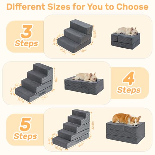 Dog Stairs for Small Dogs, 13.5" H Foldable Dog Steps for High Bed | 2 in 1 Pet Stairs Get on Couch, Transformable Cats Stairs, Non-Slip Balanced, Grey - size: 15.7 X 18 X 13.5 In