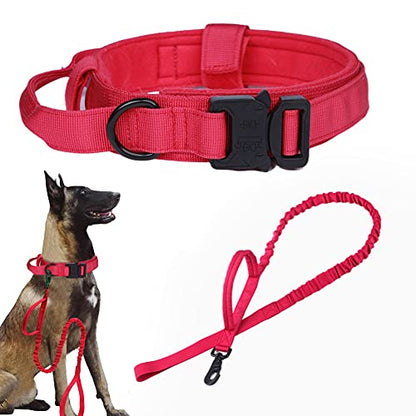 Tactical Dog Collar and Leash Set Adjustable Military Nylon Dog Collar with Control Handle and Heavy Duty Metal Buckle for Large Dogs（Red M - color: Red SET(collar+leash), size: Medium (Pack of 1)