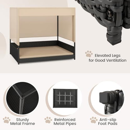 Tangkula Elevated Wicker Dog House for Small to Medium Breeds, Raised Rattan Pet Sofa Bed with Removable Cushion, Canopy Roof, Indoor & Outdoor Puppy Cat Shade Shelter for Patio, Yard, Garden